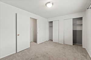 Unfurnished bedroom with two closets and light colored carpet