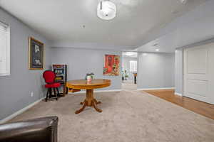 Sitting room with carpet flooring and a textured ceiling