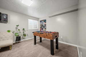 Playroom with carpet and a textured ceiling