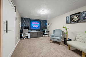 Sitting room featuring carpet and a textured ceiling