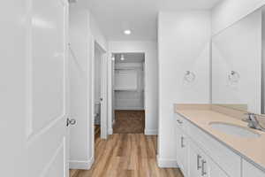 Bathroom featuring vanity, wood-type flooring, and toilet