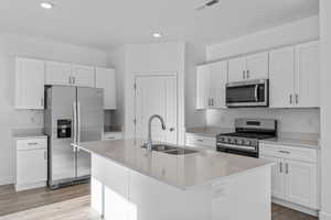 Kitchen featuring white cabinetry, sink, stainless steel appliances, and a center island with sink