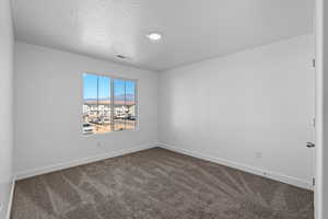 Unfurnished room featuring a textured ceiling and carpet flooring