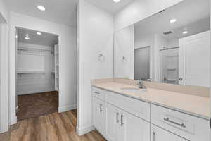 Bathroom with wood-type flooring, vanity, and a shower