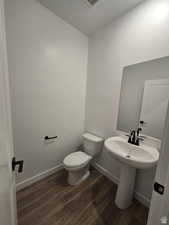 Bathroom with wood-type flooring, toilet, and sink