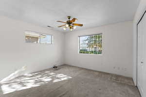 Carpeted empty room with ceiling fan, a textured ceiling, and a healthy amount of sunlight