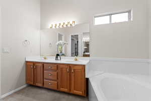 Bathroom featuring vanity and a washtub