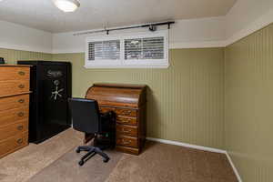 Office space with a textured ceiling and carpet