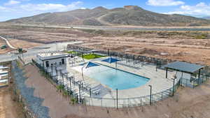 View of swimming pool featuring a mountain view