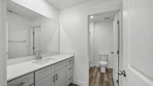 Bathroom with vanity, hardwood / wood-style flooring, and toilet