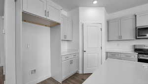 Kitchen featuring stainless steel appliances and dark hardwood / wood-style floors