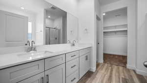 Bathroom with vanity, wood-type flooring, and a shower with shower door