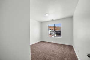 Empty room with carpet and a textured ceiling