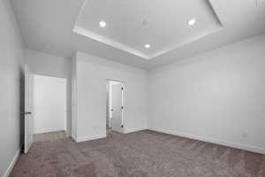 Unfurnished bedroom featuring carpet flooring and a tray ceiling