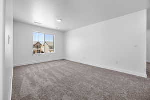 Carpeted spare room with a textured ceiling