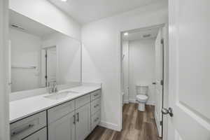 Bathroom with vanity, wood-type flooring, and toilet