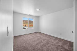 Carpeted spare room with a textured ceiling