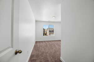 Carpeted empty room with a textured ceiling