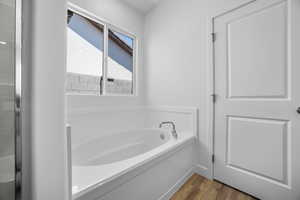 Bathroom with wood-type flooring and a bathtub