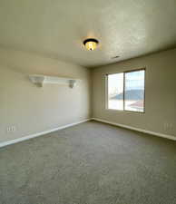 Unfurnished room featuring carpet and a textured ceiling