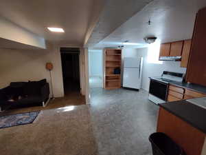 View of basement kitchen and partial view of living room without furniture.