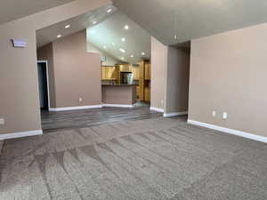 Great room featuring high vaulted ceiling, new carpet, and a textured ceiling