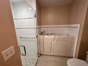 Primary bathroom featuring tile patterned flooring, separate shower and walk-in tub, and toilet