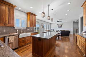 Kitchen with dark hardwood / wood-style floors, pendant lighting, sink, backsplash, and stainless steel dishwasher