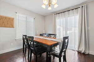 Dining area with dark hardwood flooring, & plenty of natural light