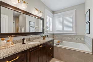 Bathroom with vanity and a relaxing tiled tub