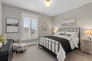 Bedroom with light colored carpet