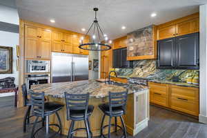 Kitchen featuring pendant lighting, an island with sink, sink, dark stone counters, and stainless steel appliances