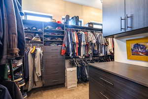 Walk in closet with light colored carpet