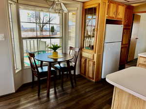 Dining area with dark wood-type flooring and a healthy amount of sunlight