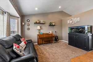 Carpeted living room with vaulted ceiling