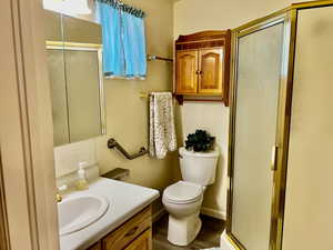 Bathroom with vanity, wood finished floors, toilet, and a shower stall