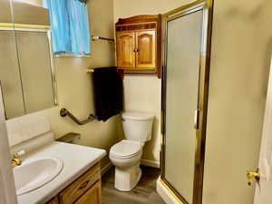 Bathroom with vanity, hardwood / wood-style floors, an enclosed shower, and toilet