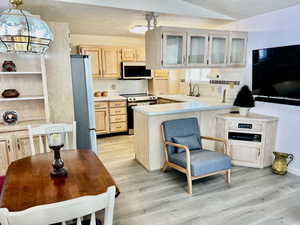 Kitchen featuring light brown cabinets, light wood-type flooring, light countertops, a sink, and stainless steel appliances