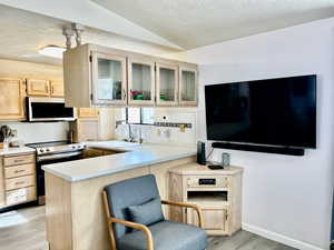 Kitchen featuring light brown cabinetry, sink, light hardwood / wood-style flooring, kitchen peninsula, and stainless steel appliances