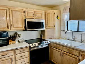 Kitchen featuring appliances with stainless steel finishes, sink, a textured ceiling, and light brown cabinetry