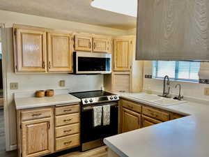 Kitchen with decorative backsplash, light brown cabinetry, a sink, light countertops, and stainless steel appliances