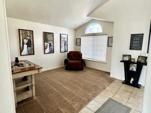 Interior space featuring lofted ceiling, light carpet, and a textured ceiling