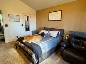 Bedroom featuring ceiling fan, lofted ceiling, carpet, and a textured ceiling