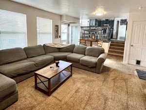 Living room featuring a textured ceiling and carpet