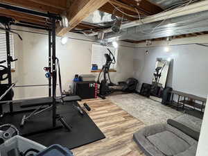 Workout room featuring hardwood / wood-style flooring