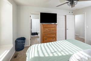 Bedroom featuring ceiling fan, connected bathroom, carpet flooring, and a closet