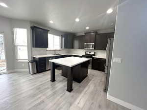 Kitchen with a kitchen island, appliances with stainless steel finishes, sink, decorative backsplash, and light hardwood / wood-style flooring