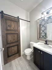 Bathroom featuring vanity, toilet, and wood-type flooring