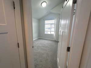 Bonus room with vaulted ceiling and light colored carpet