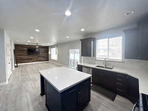 Kitchen featuring sink, wooden walls, dishwasher, a kitchen island, and light hardwood / wood-style floors